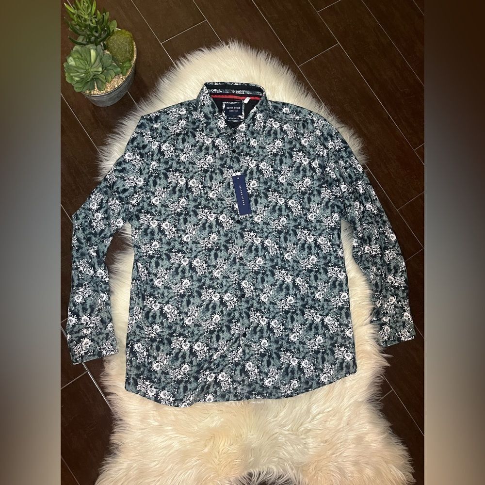 Silver Stone Collection Modern Fit Floral Long Sleeve Blue Shirt XXL  MSRP $149